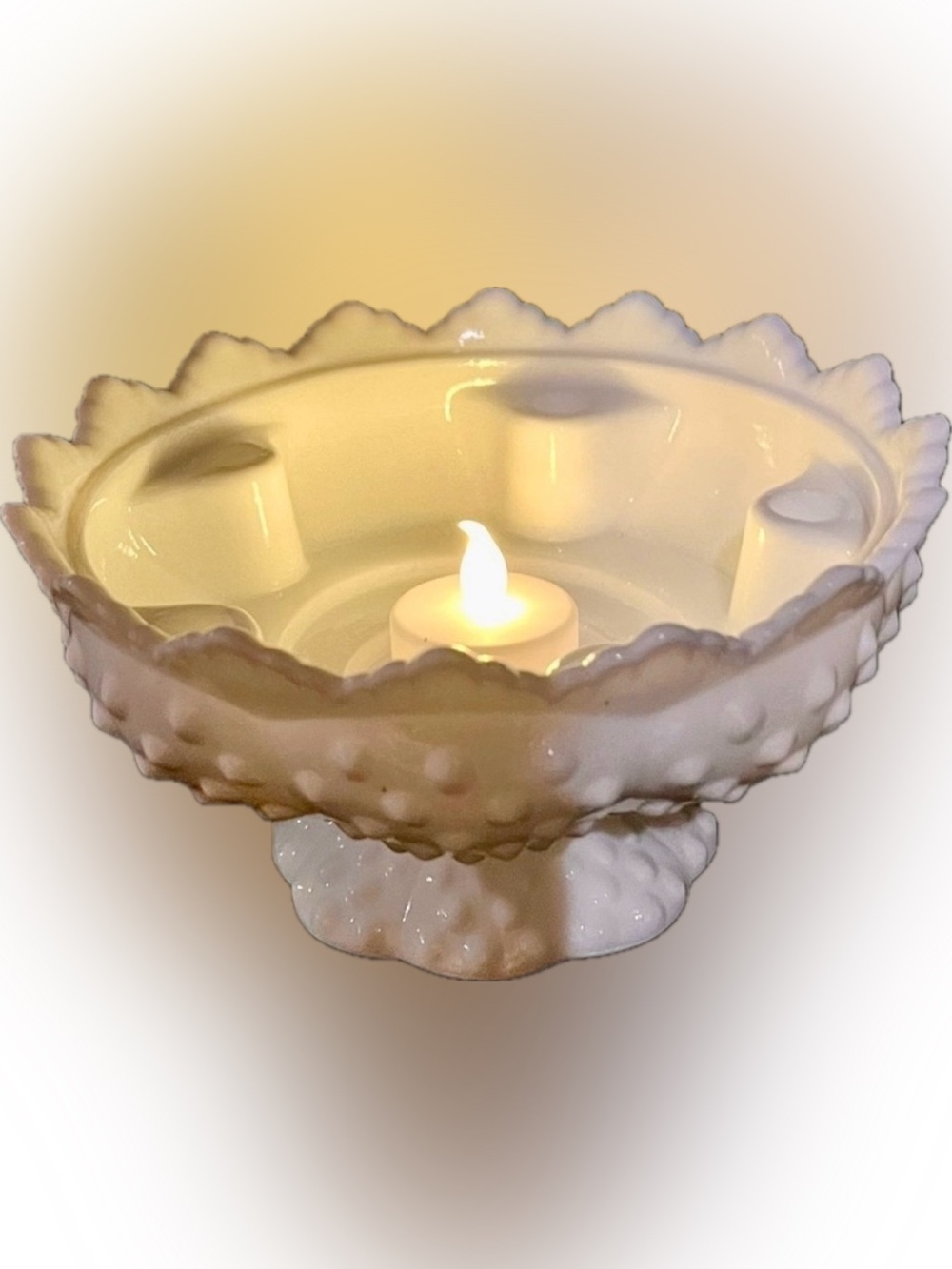 Fenton White Hobnail Milk Glass 6-Candle Holder Centerpiece Bowl Pedestal OG Tag